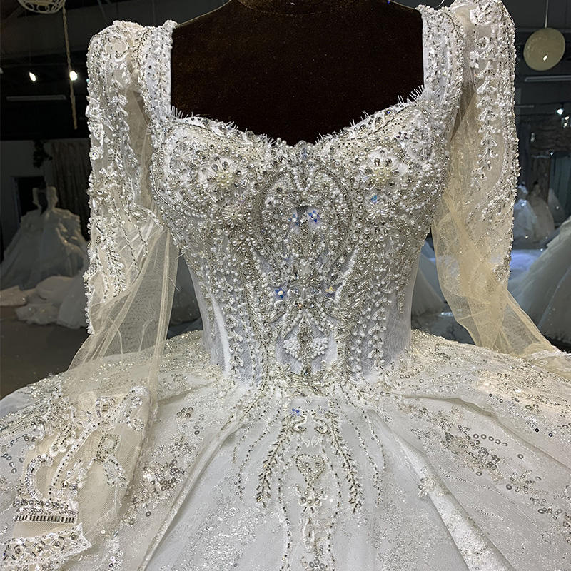 Modern Chic Full Sleeves Ivory Backless Square Collar Pleat Wedding Dress