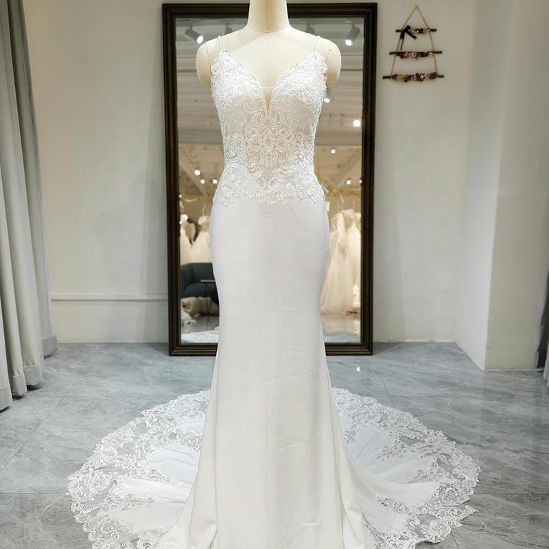 Soft Satin Long Spaghetti Strap Mermaid Wedding Dress With Tail
