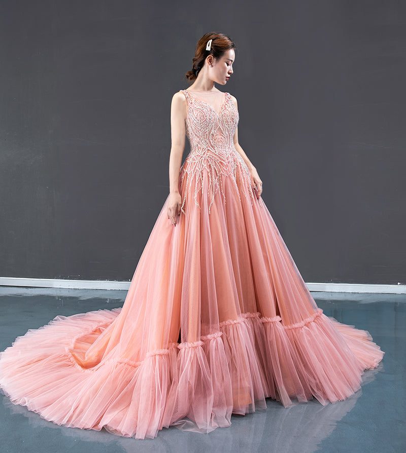 high quality pink long train lace sexy evening dresses - Image 7