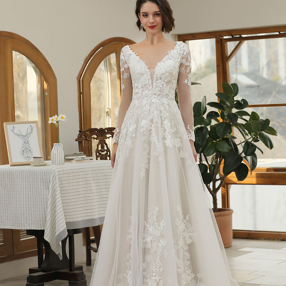 Modern V-neck Long Sleeve Floral Print Long Gowns For Women's Wedding
