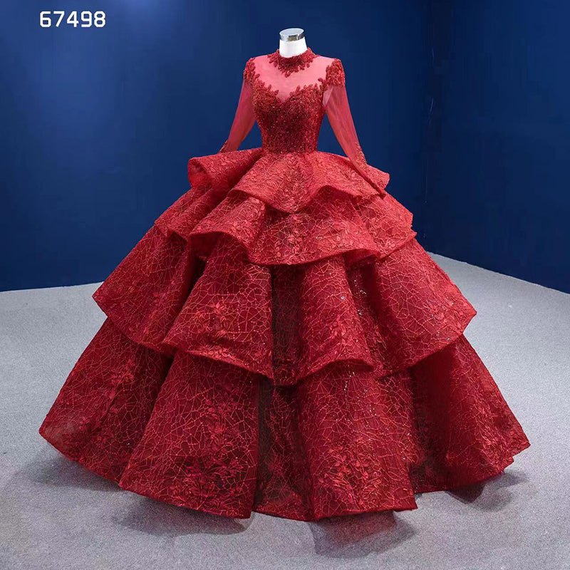 2022 Elegant Mousse Luxury Long Sleeve Lace Embroidered Red Dress
