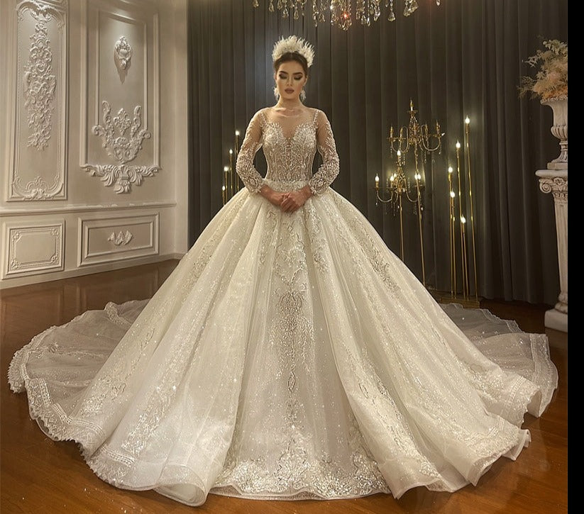 White Wedding Crystal Bead Sequins Luxurious Elegant Custom -Party Dresses