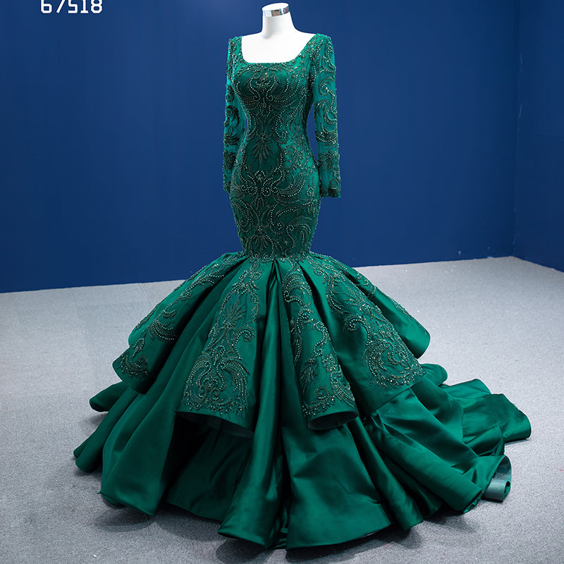 Evening Dress Elegant Emerald Green Long Sleeve Slim Embroidered Mermaid Prom Dress
