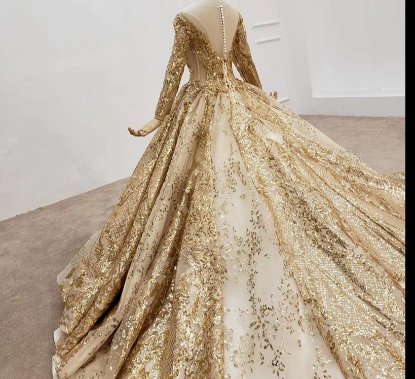 High Quality Gold Designer Luxury Long Sleeve Sequin Wedding Dress - Image 5