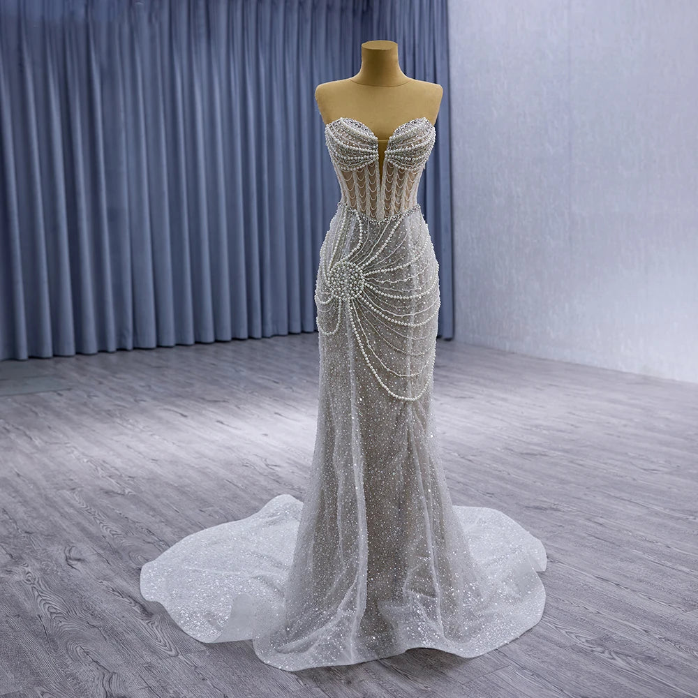 Sexy Sequins Lace Wedding Dress Sexy Pearl Detachable Sleeves Bridal Gowns Brush Train Plus Size Customized Gown