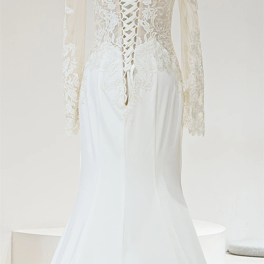 Beach Off Shoulder Boat Neck Lace Fabric Mermaid Wedding Dresses - Image 3