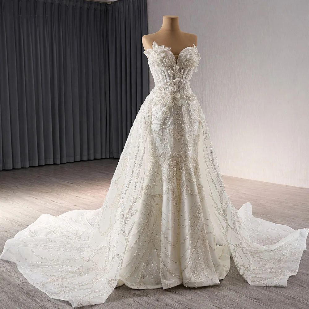 Luxury Sweetheart Sequin Wedding Dress Gown Heavy beaded 3D Flower Mermaid Gown With Detachable Train Wedding Dresses - Image 2