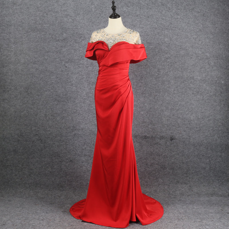High Quality Elegant Beaded Tube Top Cross Red Mermaid Evening Dress - Image 3