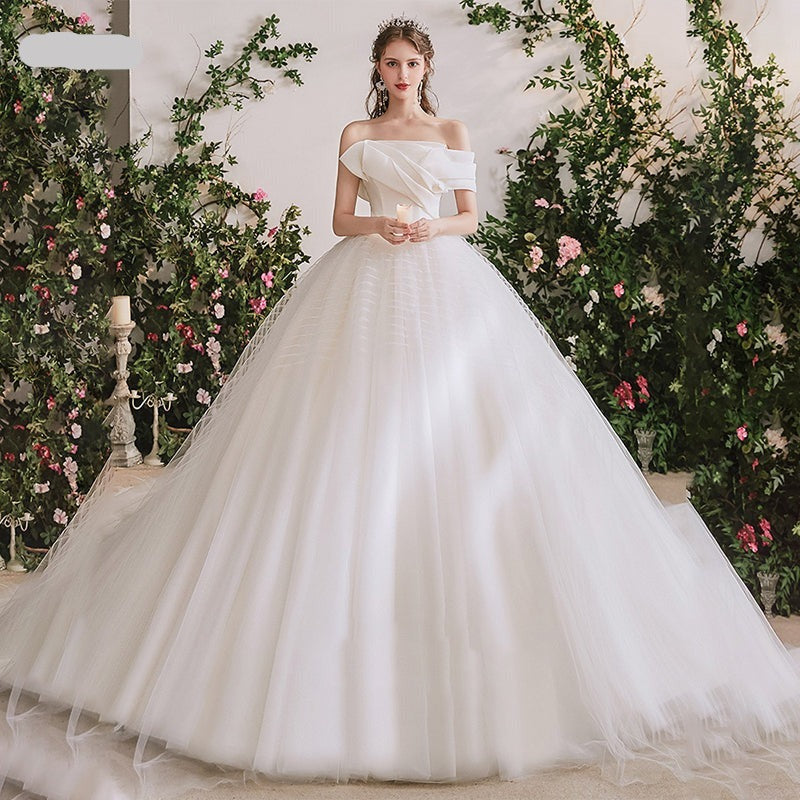 Off Shoulder Lace Fabric Long Train Princess Ball  Gown Wedding Dress