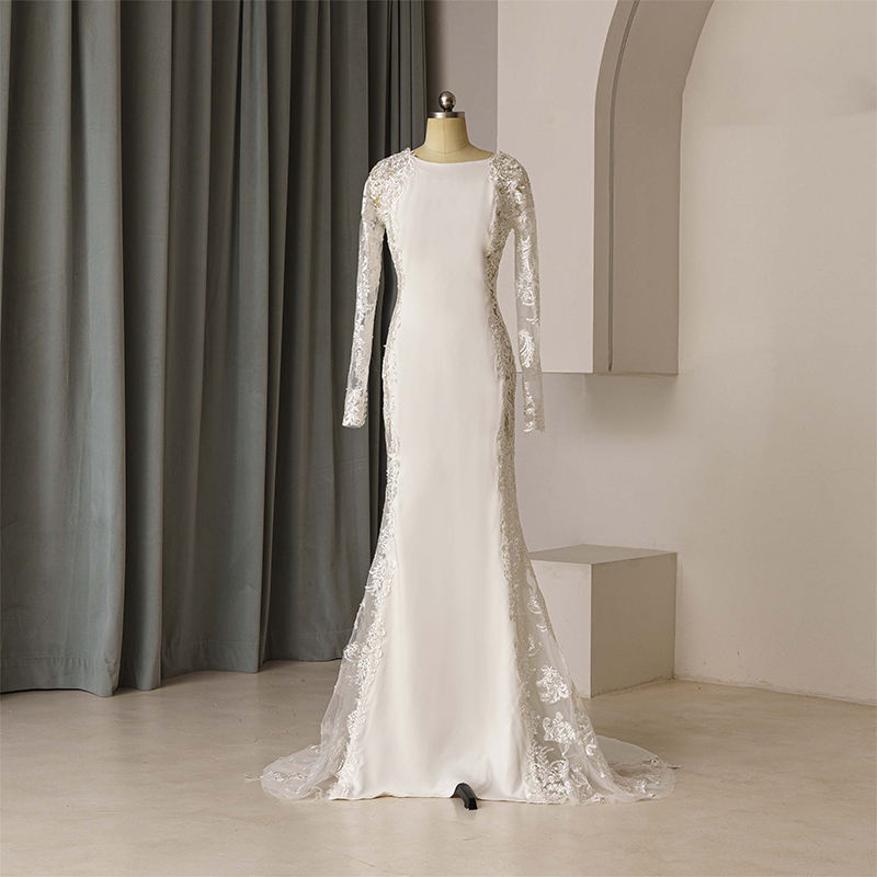 Exquisite Full Sleeve Appliques Satin Mermaid As Floor Bridal Dress