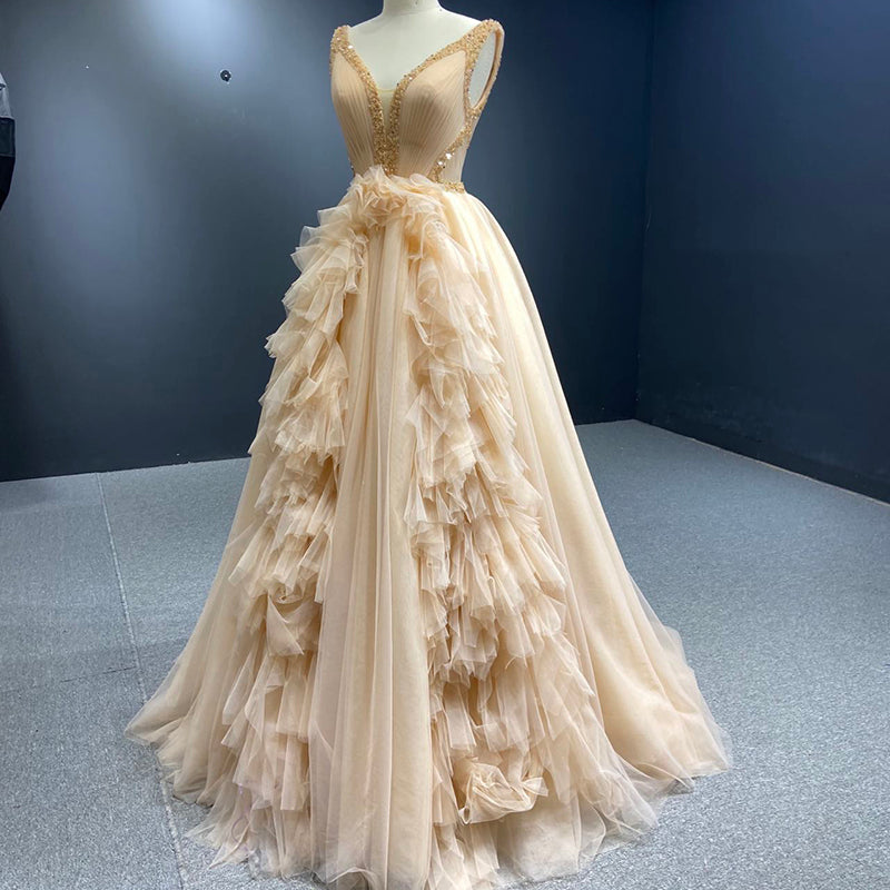 Bride Golden Dress Fashion Ladies Evening Dress Luxury Host Dress L Lace Ladies Wedding - Image 2