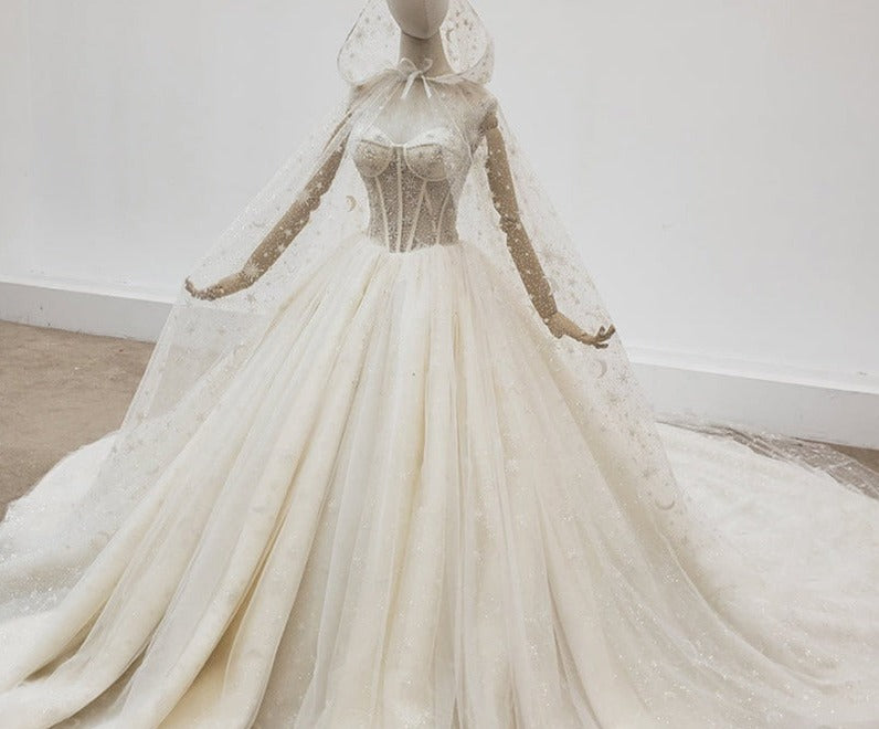 High Quality Embroidered Off Shoulder Princess With Hat Cape Wedding Dress