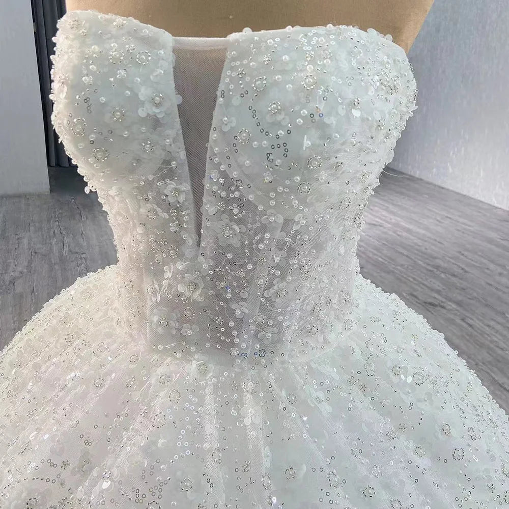Elegant Long Ball Gown Sweetheart Sleeveless Sequined Tulle Lace Wedding Dresses - Image 5