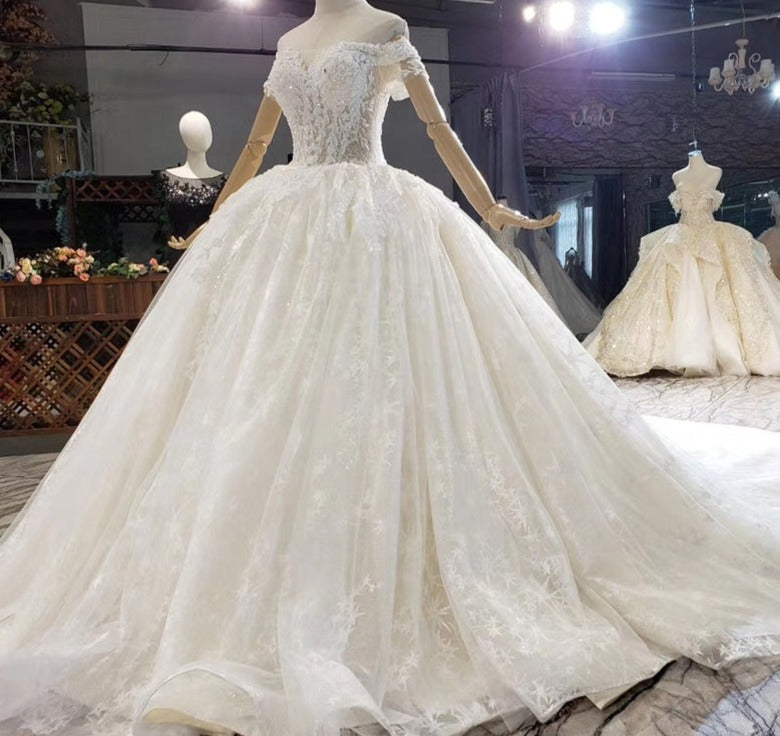 Off Shoulder Lace Applique Luxury Women Bride Wedding Dress