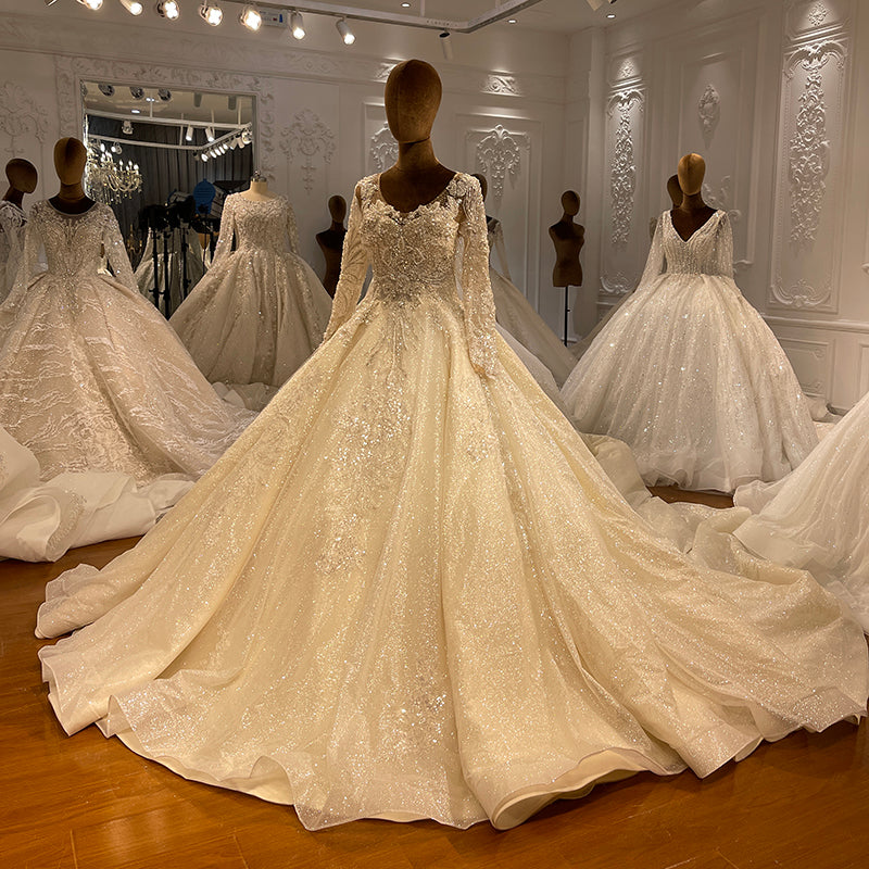 2022 New High Quality Luxury Shiny Long Sleeve Organza Beaded Bridal Wedding Dress