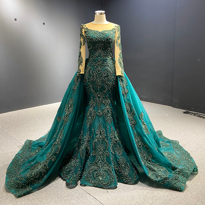Luxurious And Elegant Long-Sleeved Lace-Tailed Dark Green Evening Dress