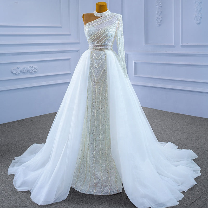 Luxury One-Shoulder Strappy Pearl Halter Wedding Dress With Beading