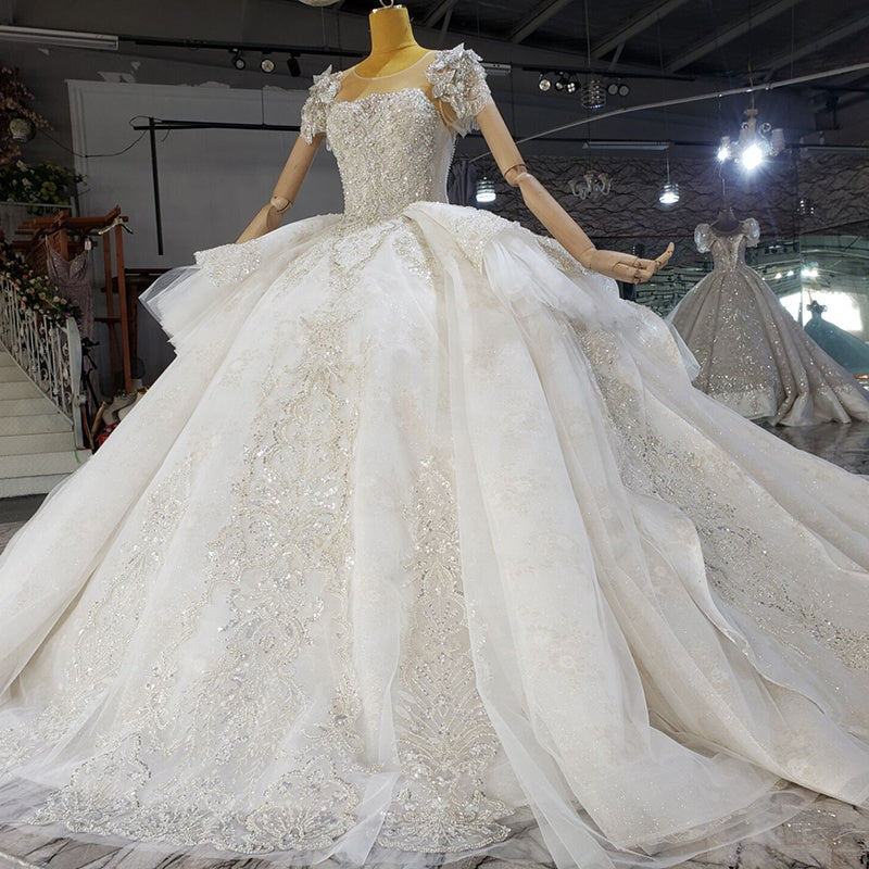 Customized Luxury Bridal Wedding Dress White Short Sleeve Slim Embroidered Long Trailing Wedding Dresswedding
