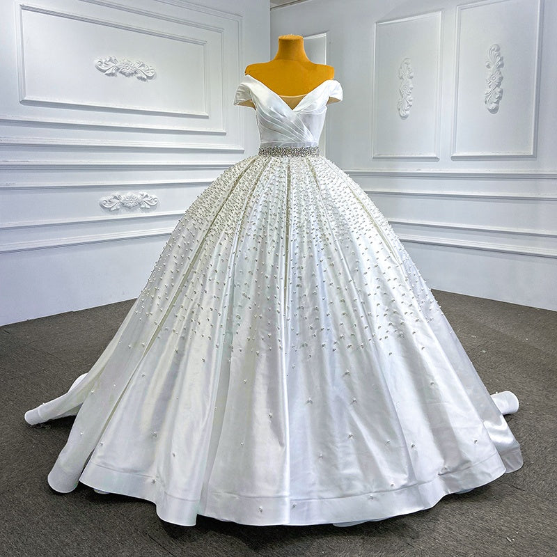 Bride Elegant And Fashionable Satin Tube Top White Beaded Puffy Wedding Dress