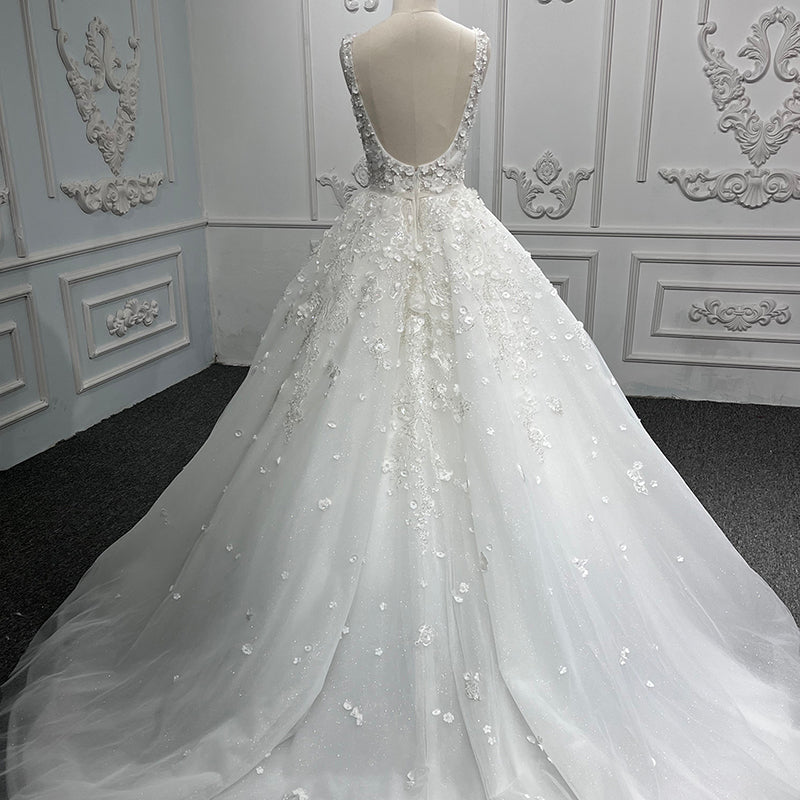 Beautiful Flower White Spaghetti Strap Bridal Gowns Dresses Women Wedding - Image 5