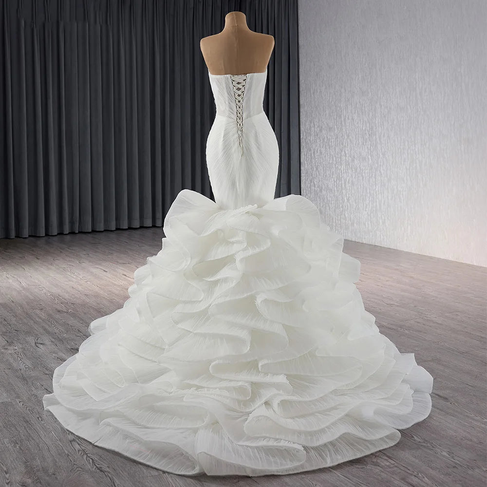 Elegant Mermaid Wedding Dresses Off Shoulder V-Neck Puffy Train Bridal Gowns - Image 3