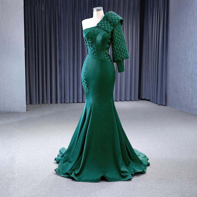 One Shoulder Evening Dress Vintage Green Woven Satin Mermaid Evening Dress - Image 7