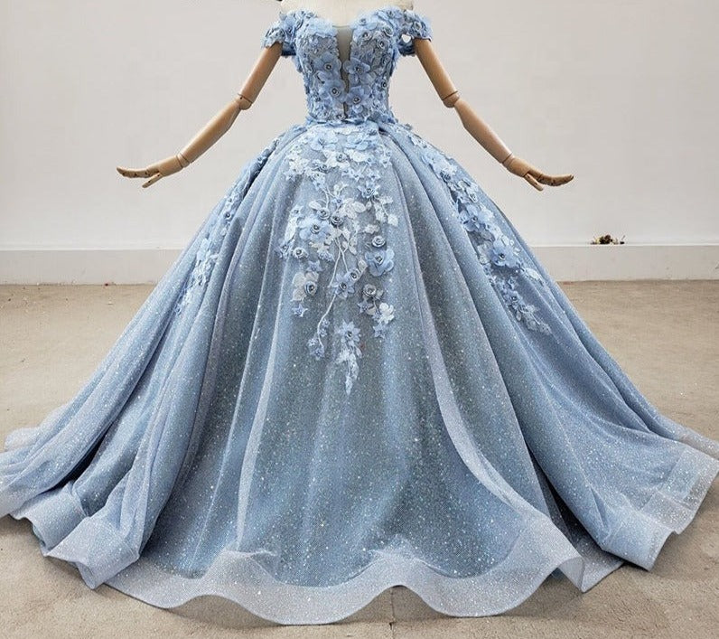 2022 New Shiny Embroidered Deep V Luxury Princess Evening Dress