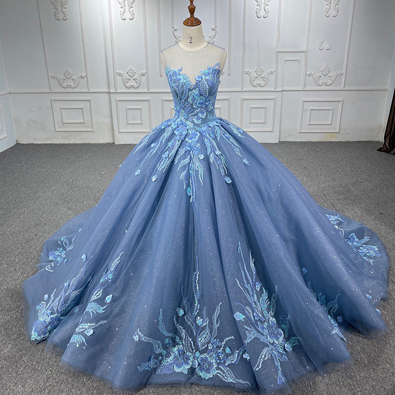 Modern O-neck Elegant Blue Evening Gowns Dresses For Women