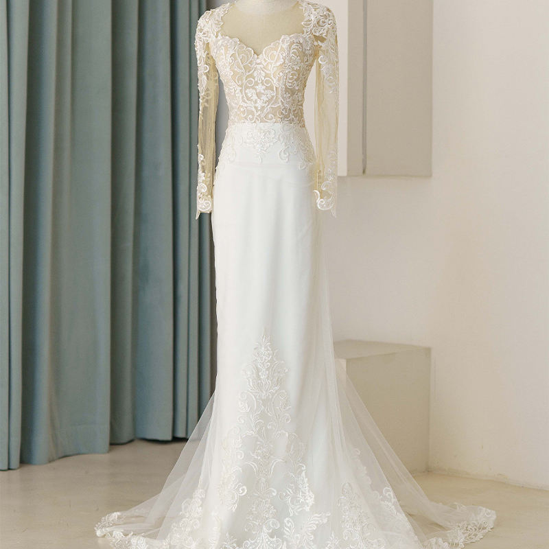 Mermaid Pattern Full Sleeve Illusion Wedding Dress