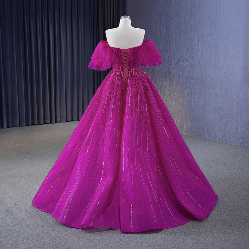 Honeyed Pink Fuchsia Tulle Prom Gowns Formal Evening Dresses Beadings A-Line Dress Floor Length - Image 3