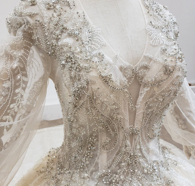 Heavy Beading Lace Long Sleeve Applique Wedding Gown Dress - Image 7