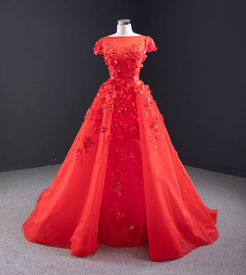 Lace Applique Red Gowns Mermaid Dress Detachable Train Evening Dresses Party Gown