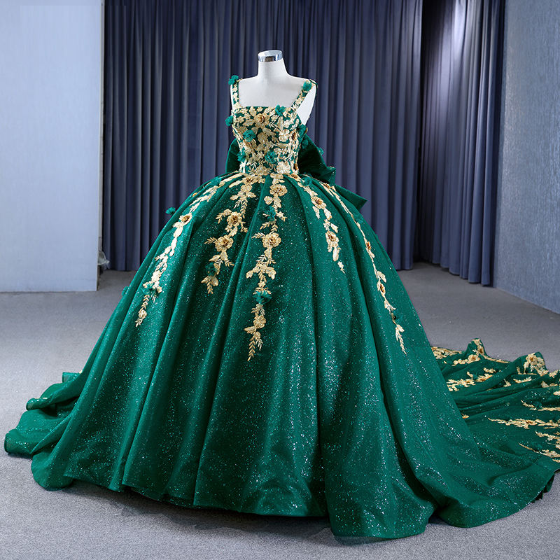 Glitter Green Flower Party Formal Ball Gown Evening Bridal Dresses