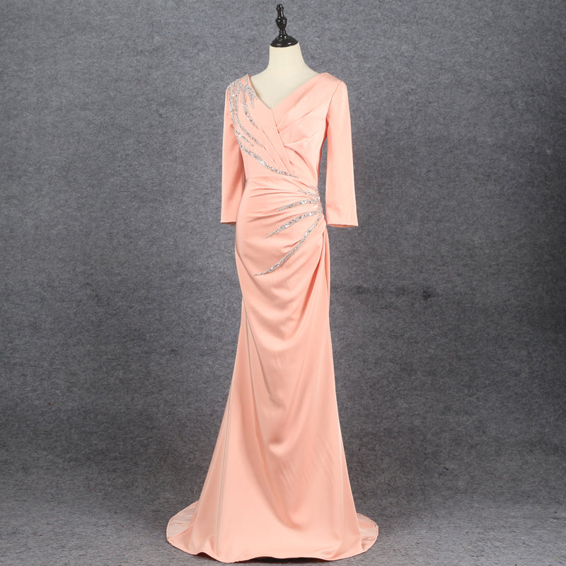 Pink Three-Quarter Sleeve Fishtail Sequin Evening Dress