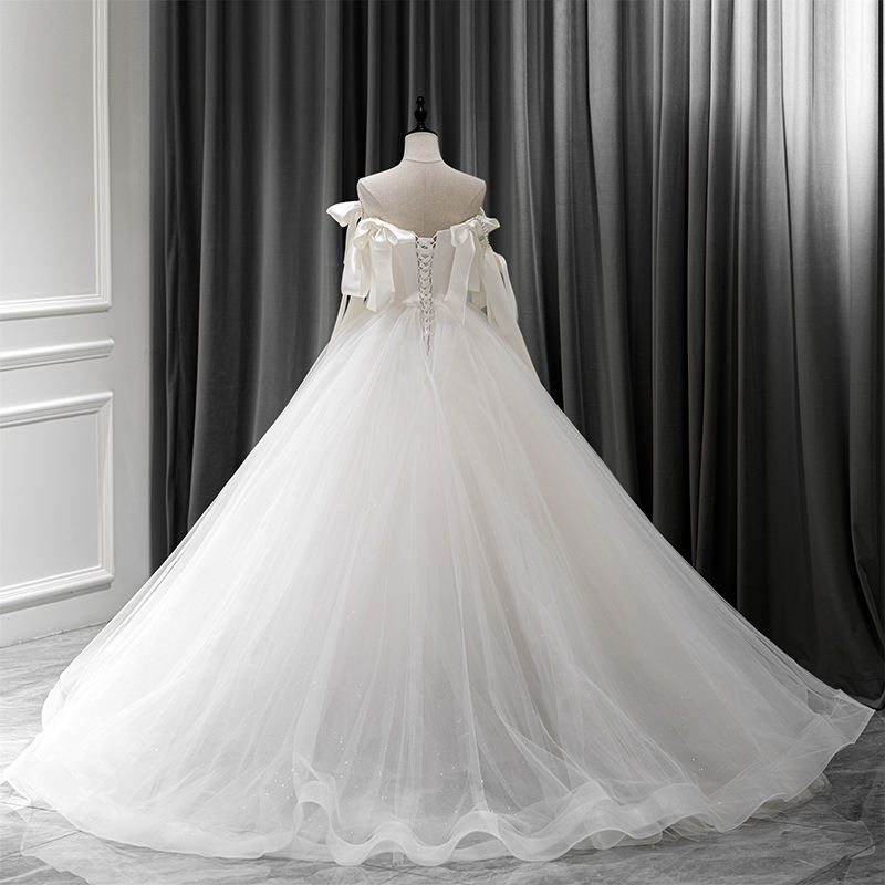 Princess Strapless Bow Sleeveless Lace Up Ball Gown Pearls Wedding Dress - Image 5