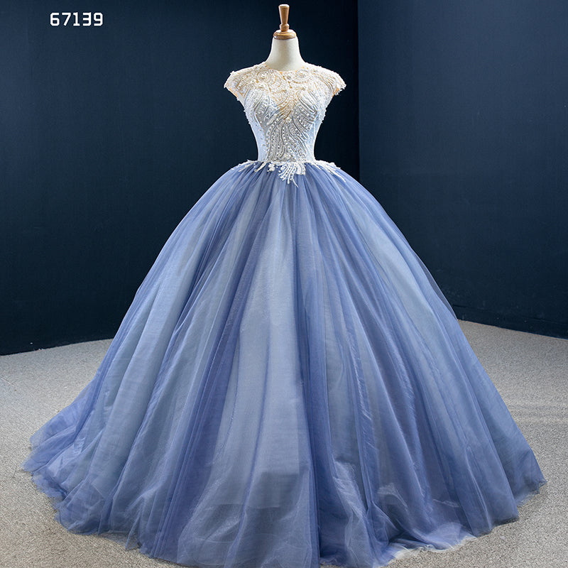 Ladies Ball Gown Blue Beading Applique Lace Up Dress Women Party Evening