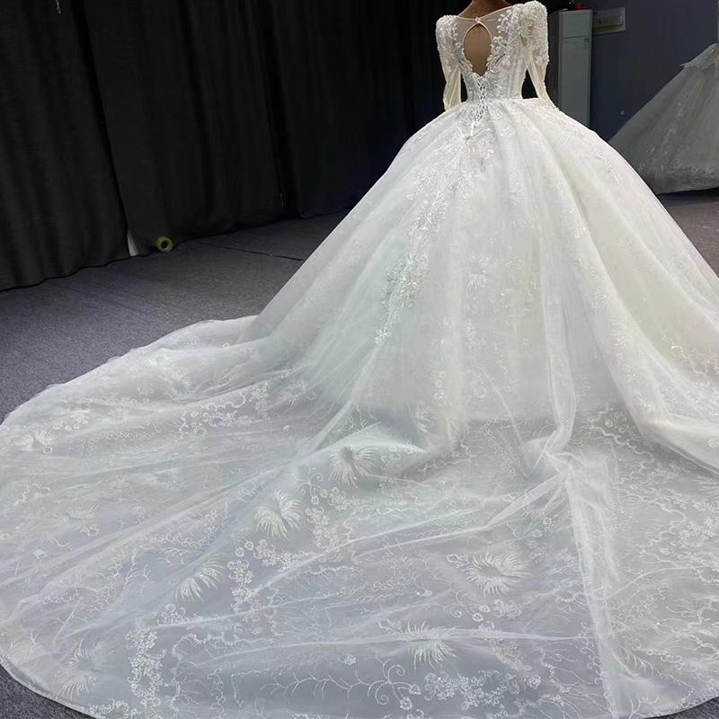 Square Neck Beaded Sequin Long Sleeve Wedding Dress - Image 3