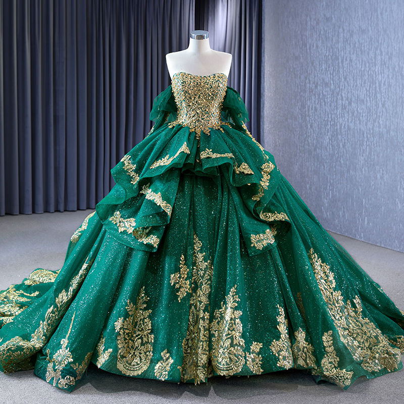 Green Off Shoulder Sequin Pearls Luxury Ball Gown Evening Dress