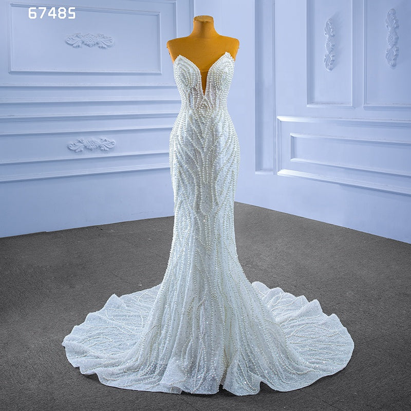 Mermaid Sexy Luxury Beaded White Lace Fabric Bridal Wedding Dress - Image 2