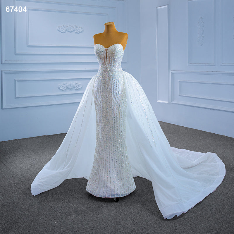 New Ladies Luxury Elegant Tube Top White Sequins Trailing Bridal Wedding Dress