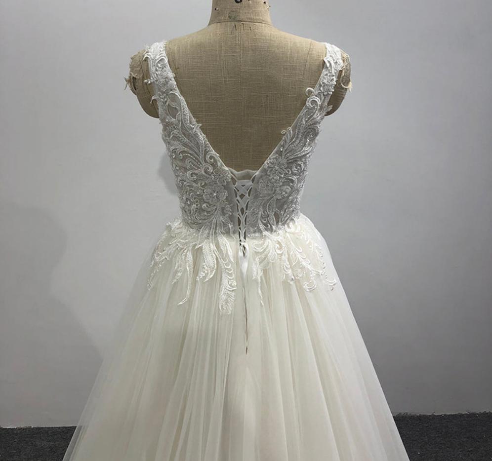 Ladies Formal Lace Deep V Beach Fashion Summer Wedding Bridal Dress - Image 5