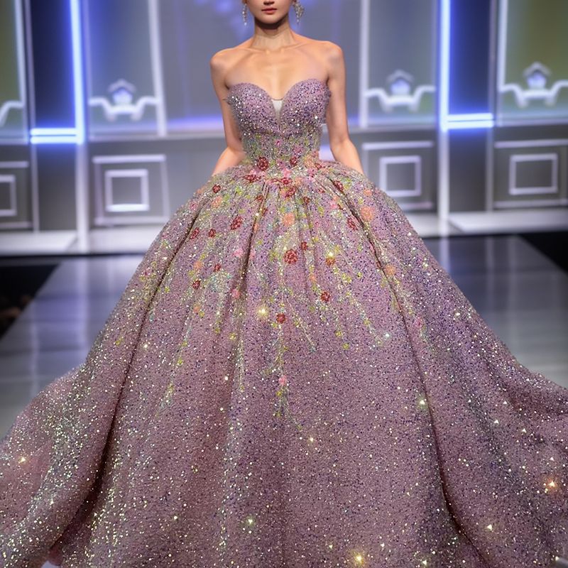 Shiny Applique Diamond Strapless Sequins Ball Gown Formal Evening Dresses - Image 5