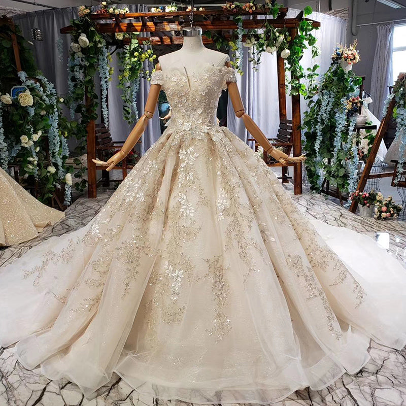 off shoulder elegant bridal dresses royal train wedding dresses - Image 2
