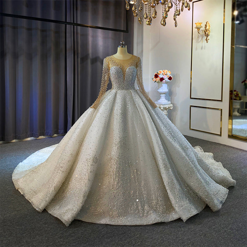 Fashion Elegant Pearl Long Sleeve Lace Sequin White Bridal Wedding Dress