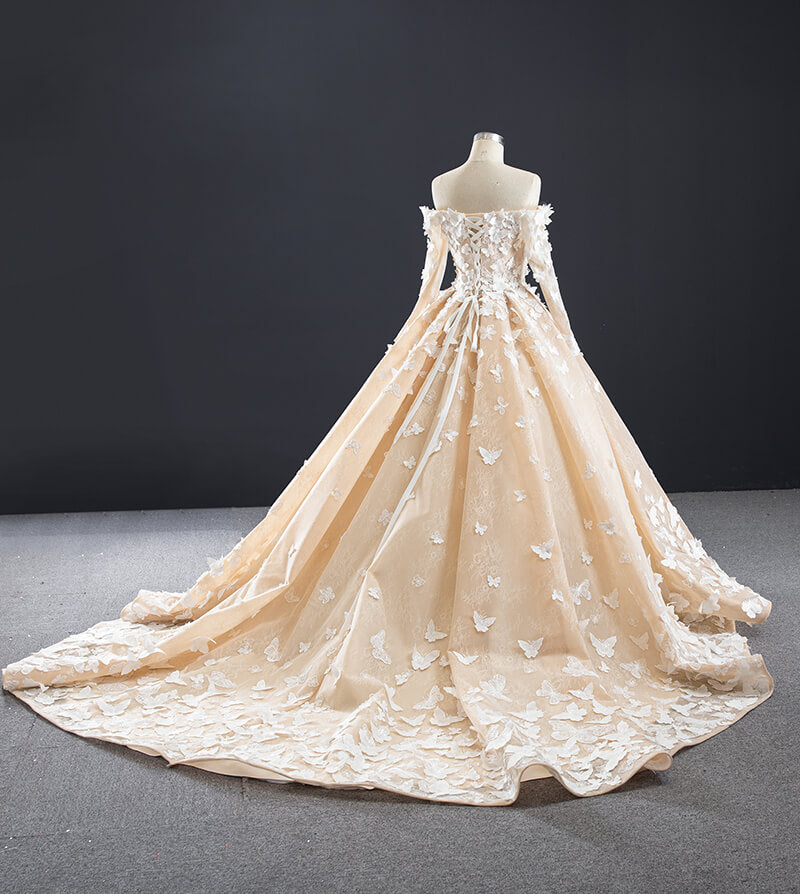 Wedding Dress Champagne Elegant 3d Flower Applique Off Shoulder Long Sleeves Wedding Gown - Image 8