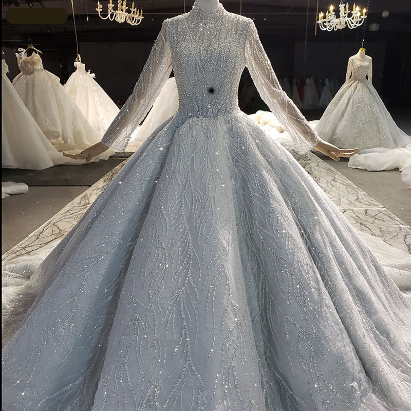 High-Neck Vintage Tulle Long-Sleeved Beaded Luxury Wedding Dress