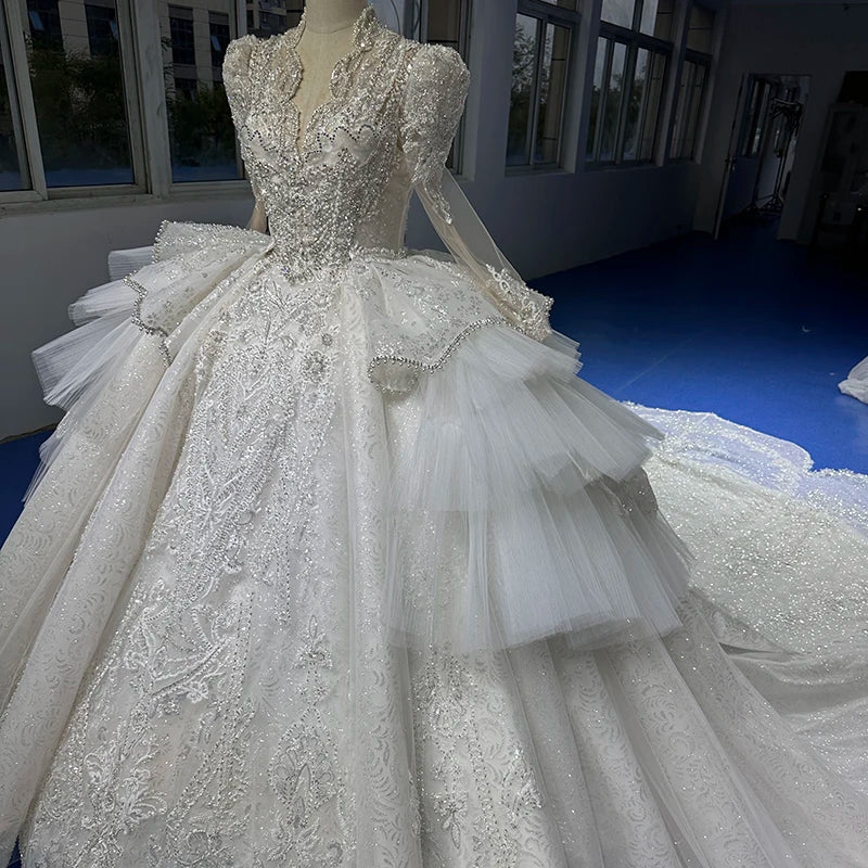 Luxury Wedding Dresses Long Sleeve Bling Crystal Beading Cathedral Train Elegant Princess Bride Dresses - Image 3