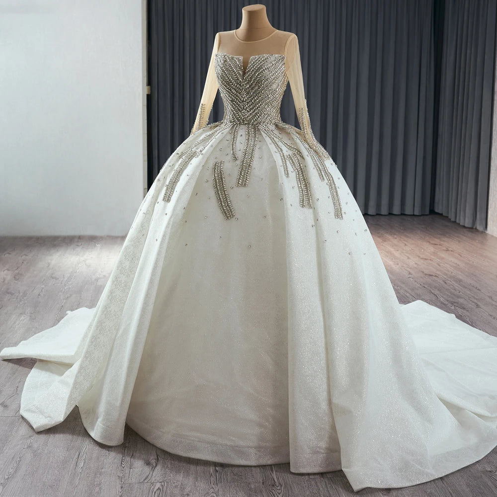 Vintage Rhinestone Long Sleeve Ball Gown Bride Wedding Dresses - Image 5
