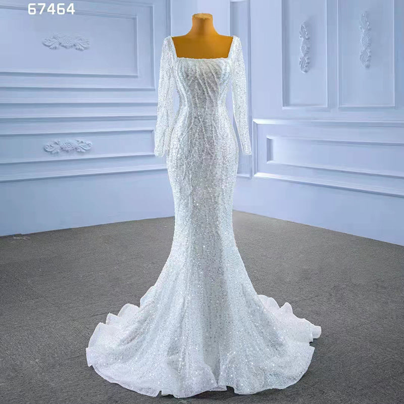 2022 New Ladies Luxury Sequin Long Sleeve Bridal Dress Mermaid Wedding Dress - Image 3