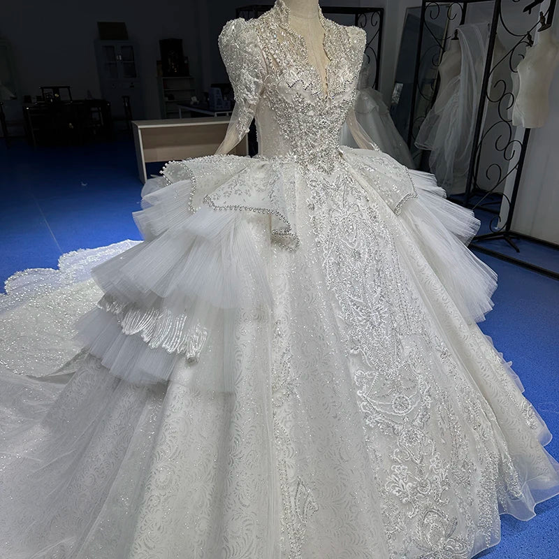 Luxury Wedding Dresses Long Sleeve Bling Crystal Beading Cathedral Train Elegant Princess Bride Dresses - Image 4